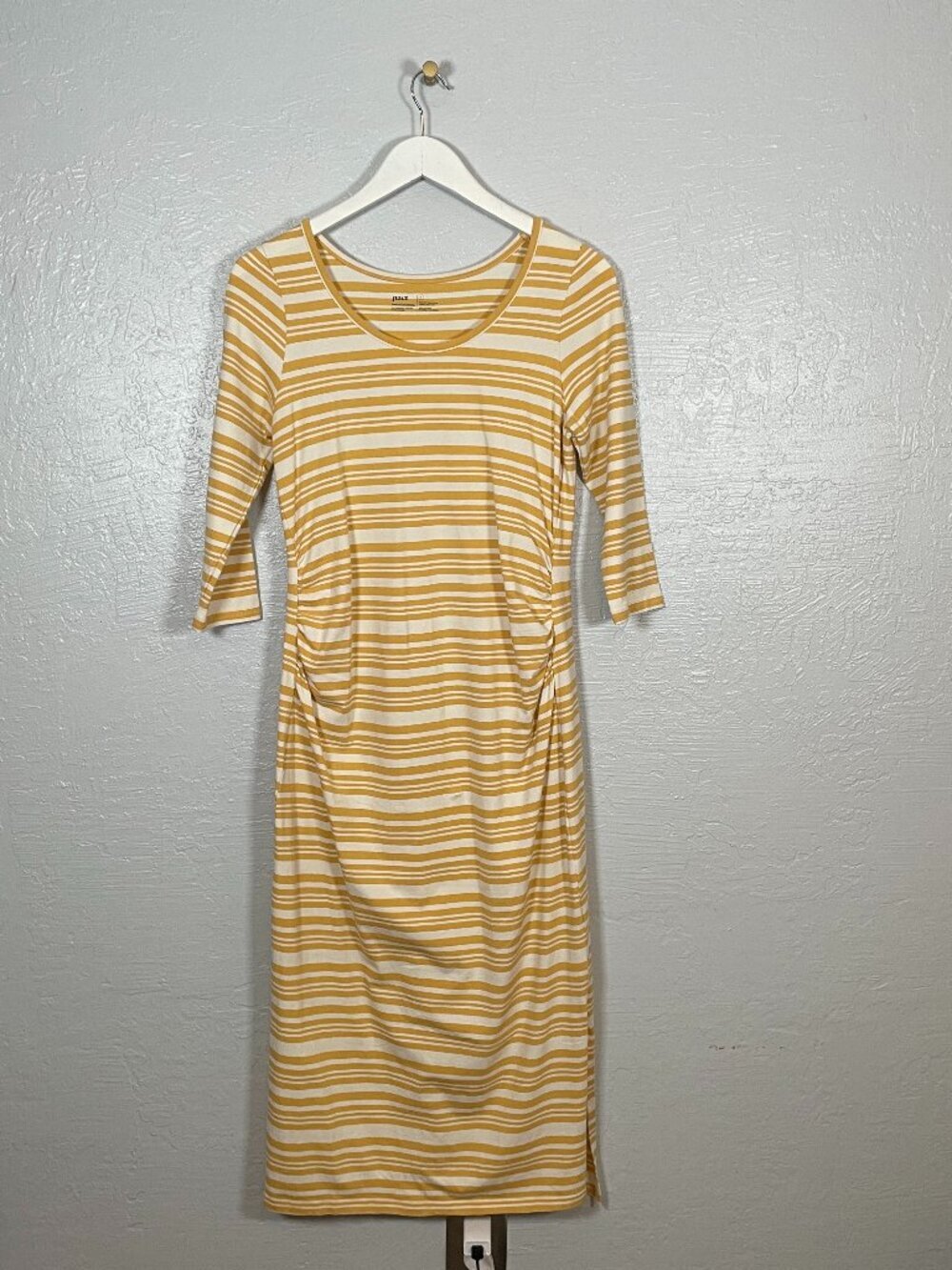Pact Maternity Women L Yellow White Stripe Dress Ruched Sides 3/4 Sleeve Stretch